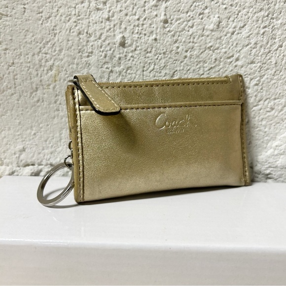 Coach Accessories - COACH Mini Skinny Leather Key Chain Coin ID Case Wallet Metallic Gold EUC